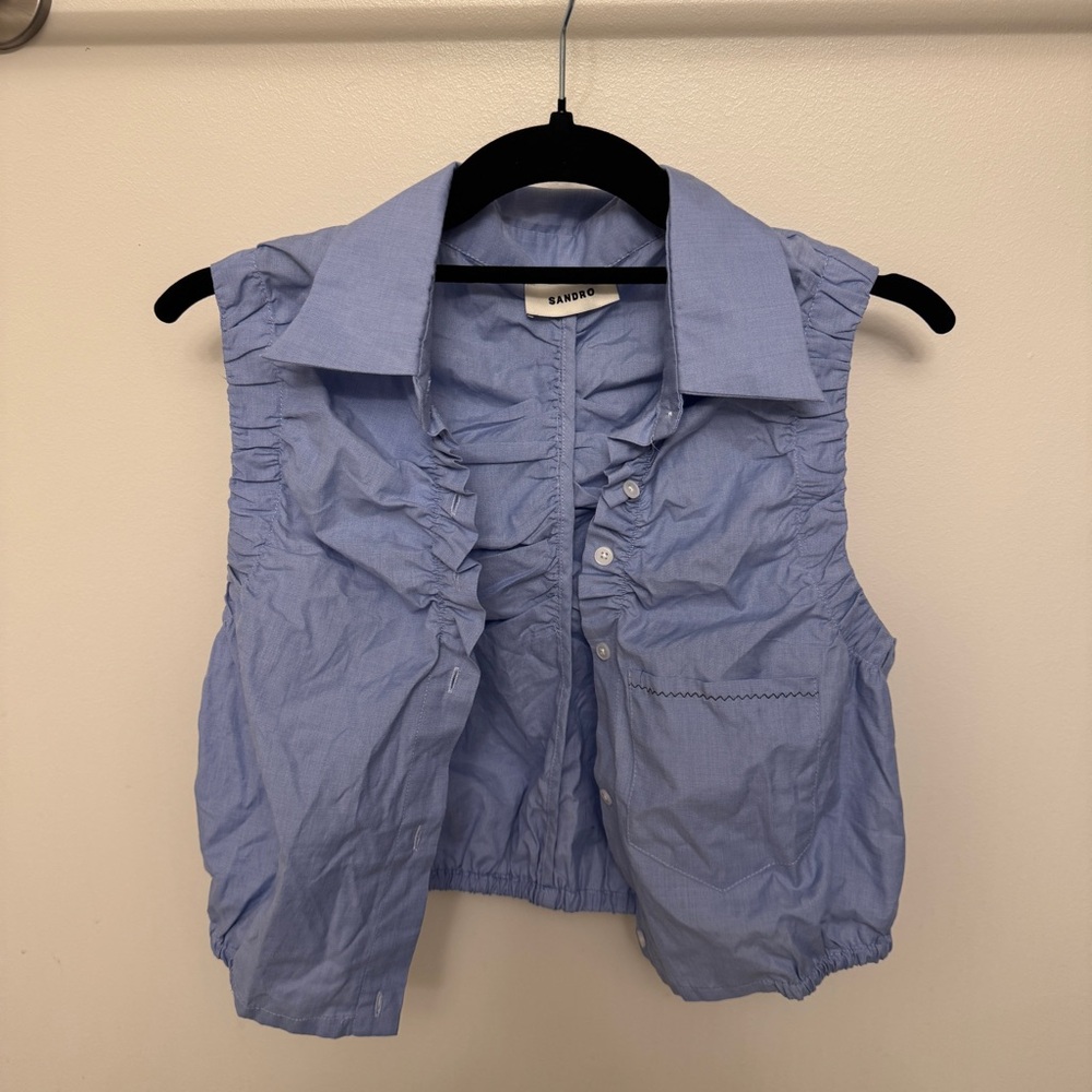 Blue cropped ruched Sandro tank top collared button down size small/ xsmall!